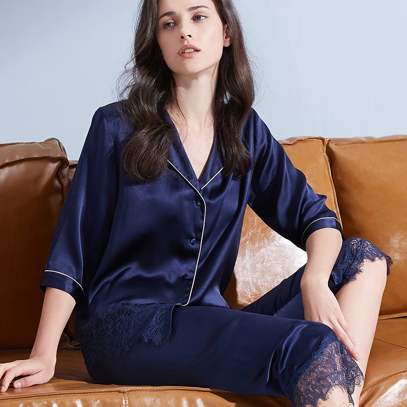 Women 100 Real Silk Pajamas Set 2019 Solid 16 Mm Silk Nightgown Pyjama Femme Sleep Lounge 
