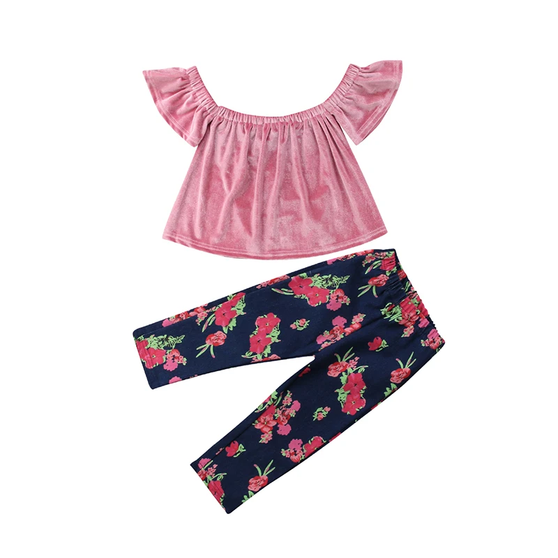 1 6Y Fashion Toddler Kids Girl Clothing Set Off shoulder Pink Velvet ...
