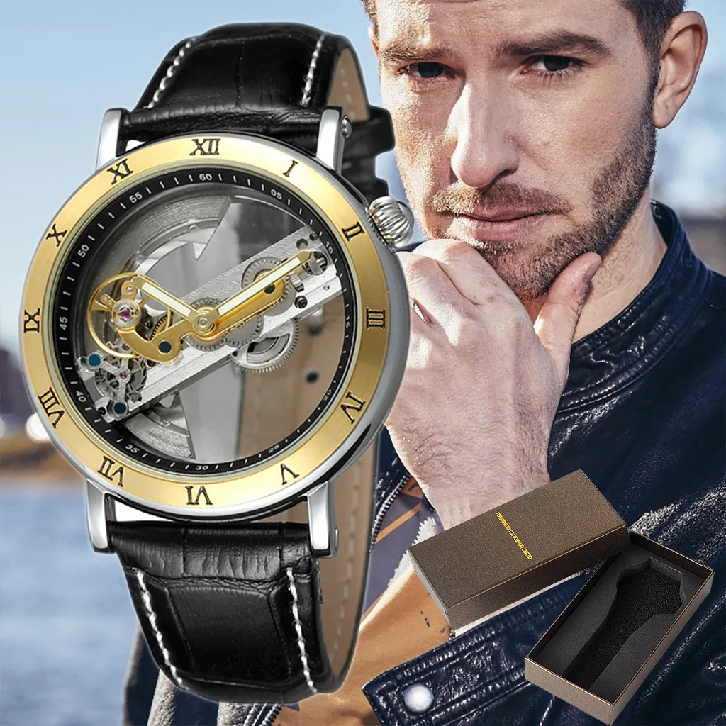 

Hollow Simple Men's Watches Quality Movement Business Fashion Delicate Men Wristlet Leather Mechanical watch Fabulous Relojes