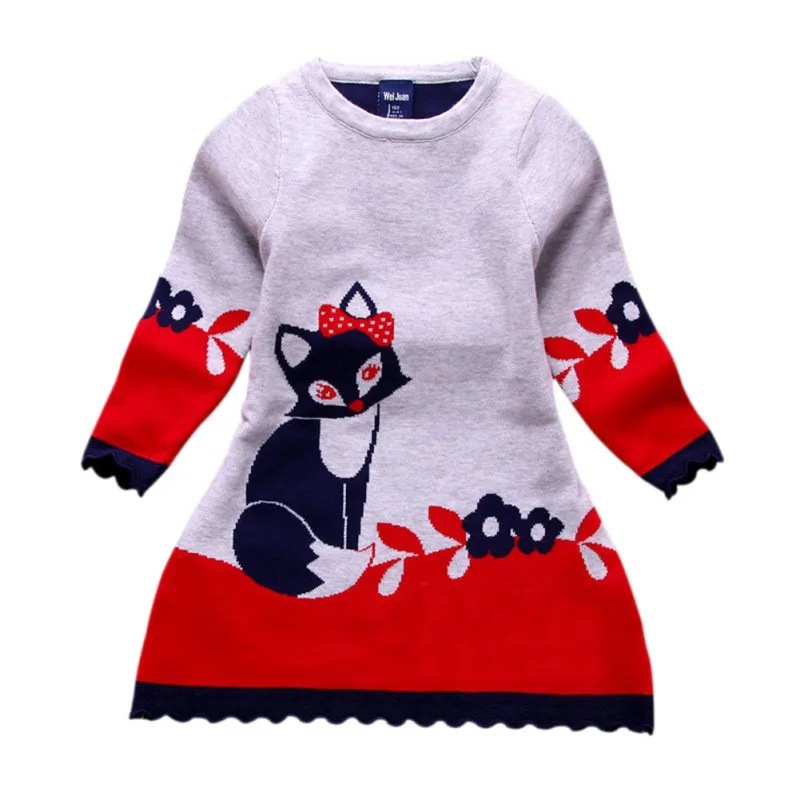 

Spring Double-layer Long-sleeve Kids Fox Clothing Thick Girl Fox Sweater Dress RZ