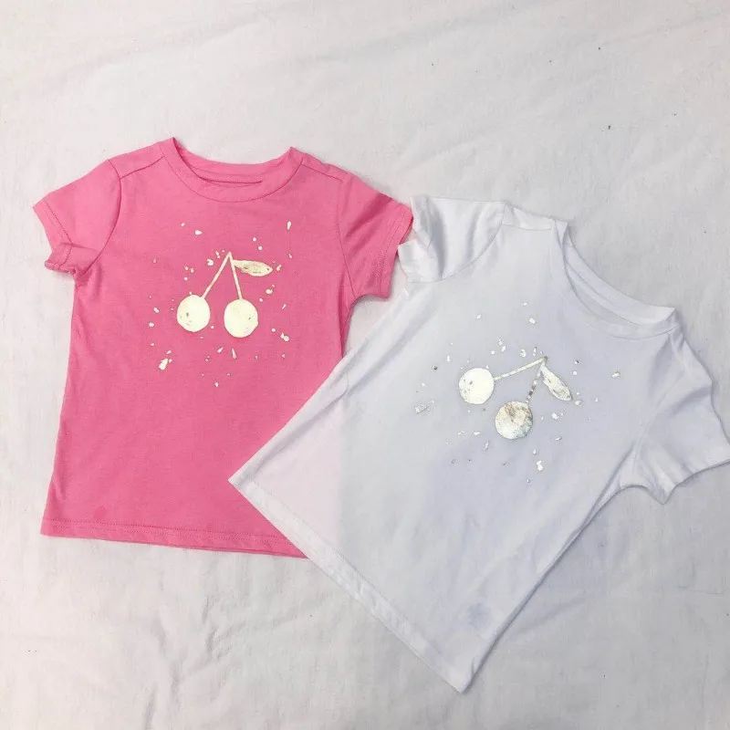 2019 Summer Baby Girl T Shirt White Pink Round Collar Toddler Tshirts Cotton Baby Tees Gilding Cherry Fashion Baby Girls Clothes