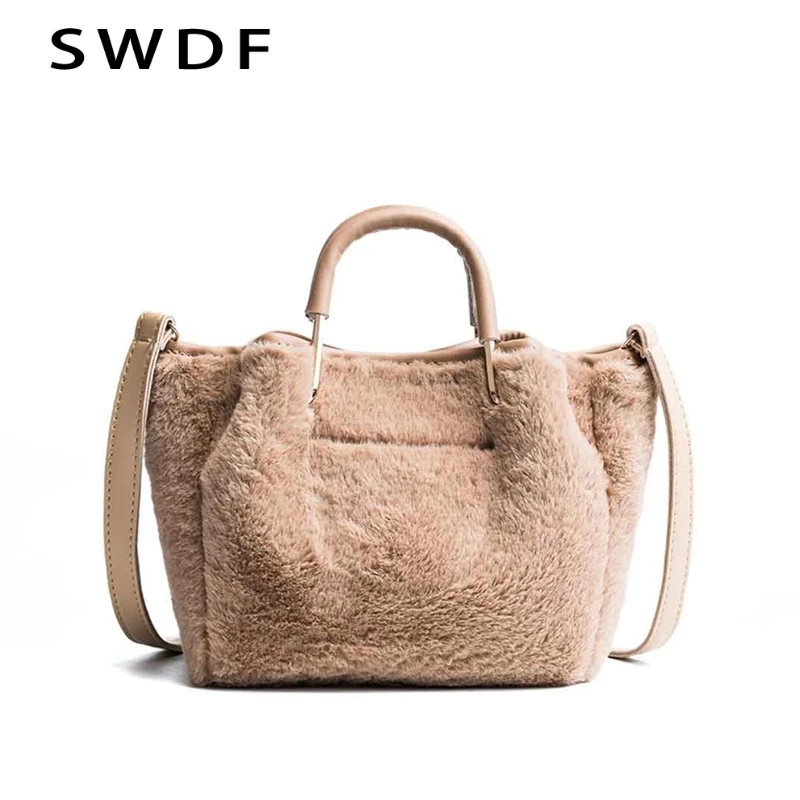 

SWDF Luxury Women Winter Plush Handbags Soft Faux Fur Hand Bag Design Crossbody Bucket Bag Shoulder Messenger Bag Ladies Tote