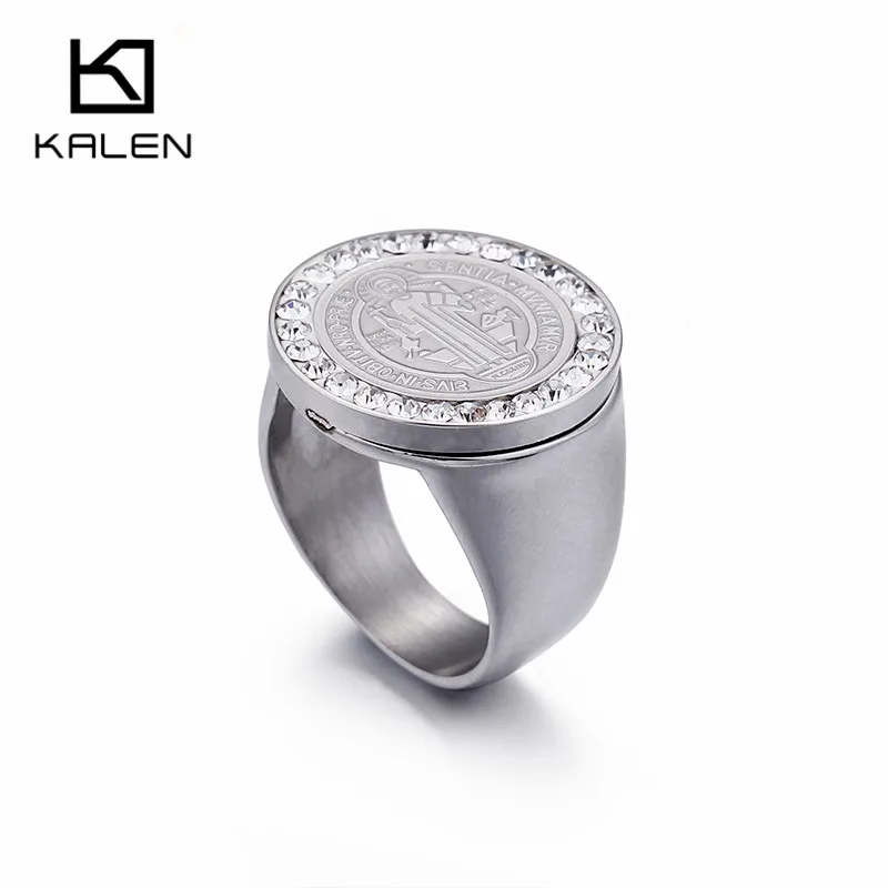 

Kalen Saint Benedict 20mm Width Medal Silver Rings Stainless Steel Cross Rhinestone Circle Ring Catholicism Jewelry For Women