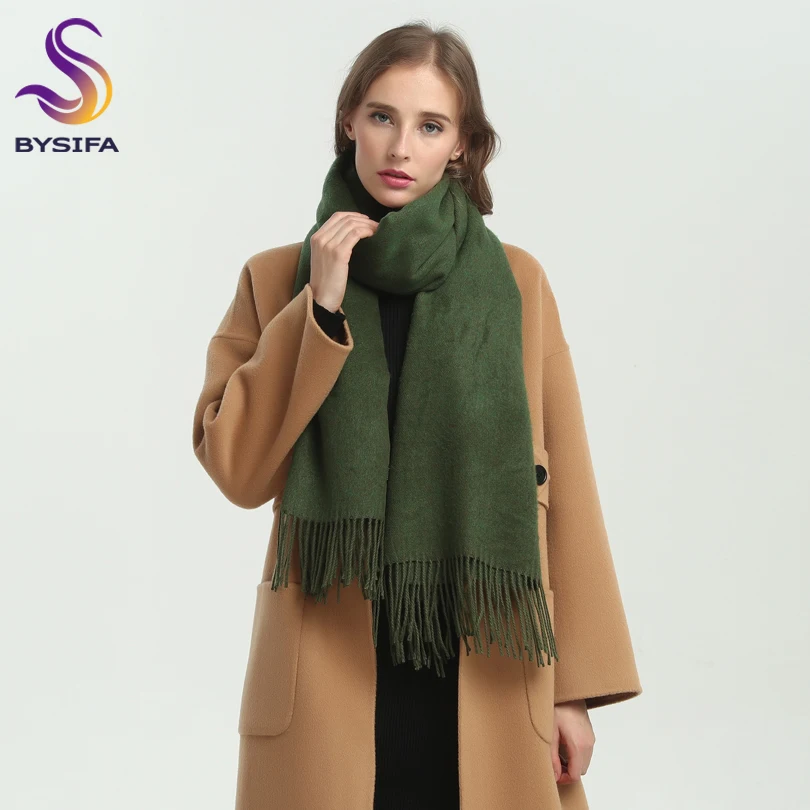 [BYSIFA] New Winter Ladies Army Green Pashmina Scarves Shawls Fashion Trendy Tassel Women Luxury Cashmere Pashmina Scarves Wraps