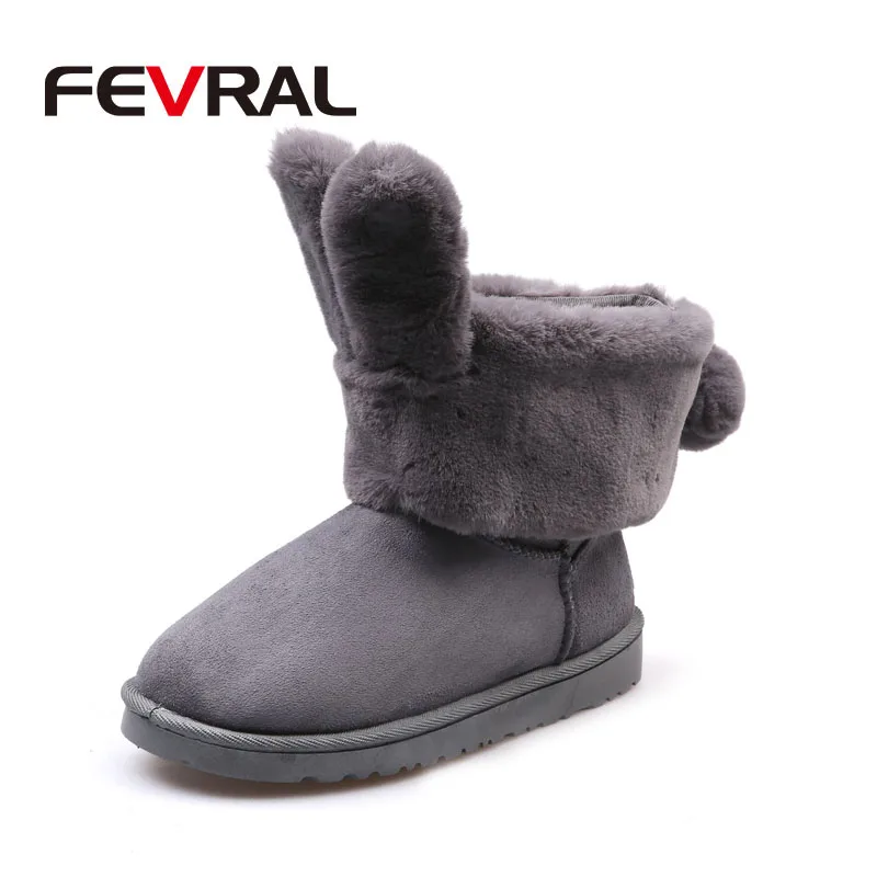 FEVRAL/Новинка года; сезон осень-зима; модные женские ботинки с кроличьим дизайном; замшевые короткие ботиночки без застежки; женская обувь; Теплые Зимние ботильоны - Цвет: Gray