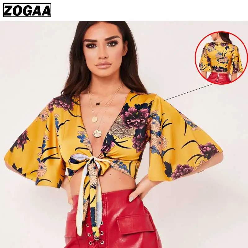 

ZOGAA 1PC Bow Printed Shirts Sexy Deep V-Neck Horn Sleeve Women Vest Beach Sunscreen Silk Sunshirt Summer Party Short Tops