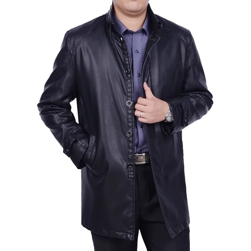 Korean Men's Autumn Winter Plus Size M-4XL Faux Leather Jacket Men Long Business Casual Jackets Male Leather Coat Trench Clothes