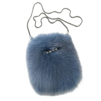 

High-grade Winter Women Solid Soft Real Fur Handbags Party Pearls Mini Bags Fox Hair Handbag Fashion Street Show New Year Bag
