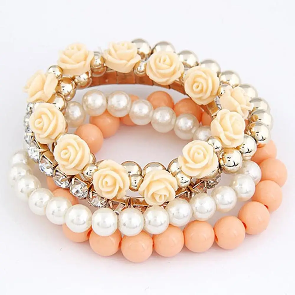 

2019 Fashion Candy Color Imitation Pearl Rose Flower Multilayer Beads Stretch Charm Bracelet & Bangle For Women Pulseras Mujer