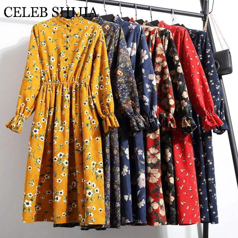 

2019 Vintage Style Dress Woman Stand Neck Long-sleeve Autumn Red Yellow Black Casual Corduroy Printed Dress Female vestidos