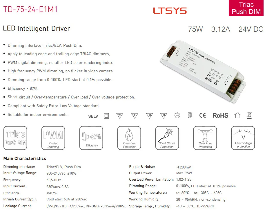 Светодиодный драйвер Triac с регулируемой яркостью TD-75-12/24-E1M1 Светодиодный драйвер питания Triac 200-240 В вход, выход 75 Вт постоянное напряжение Triac Push Dim