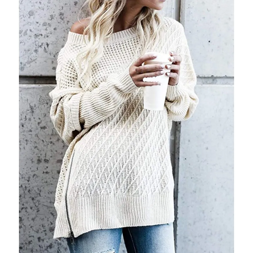 Зимний женский грубый свитер с разрезом сбоку, пуловер на молнии, теплый вязаный свитер, большой размер, свитер с открытыми плечами, d