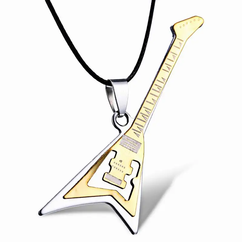 

Free shipping necklaces jewelry 361L Stainless Steel necklaces gold guitar Pendant Necklace leather chain men jewelry