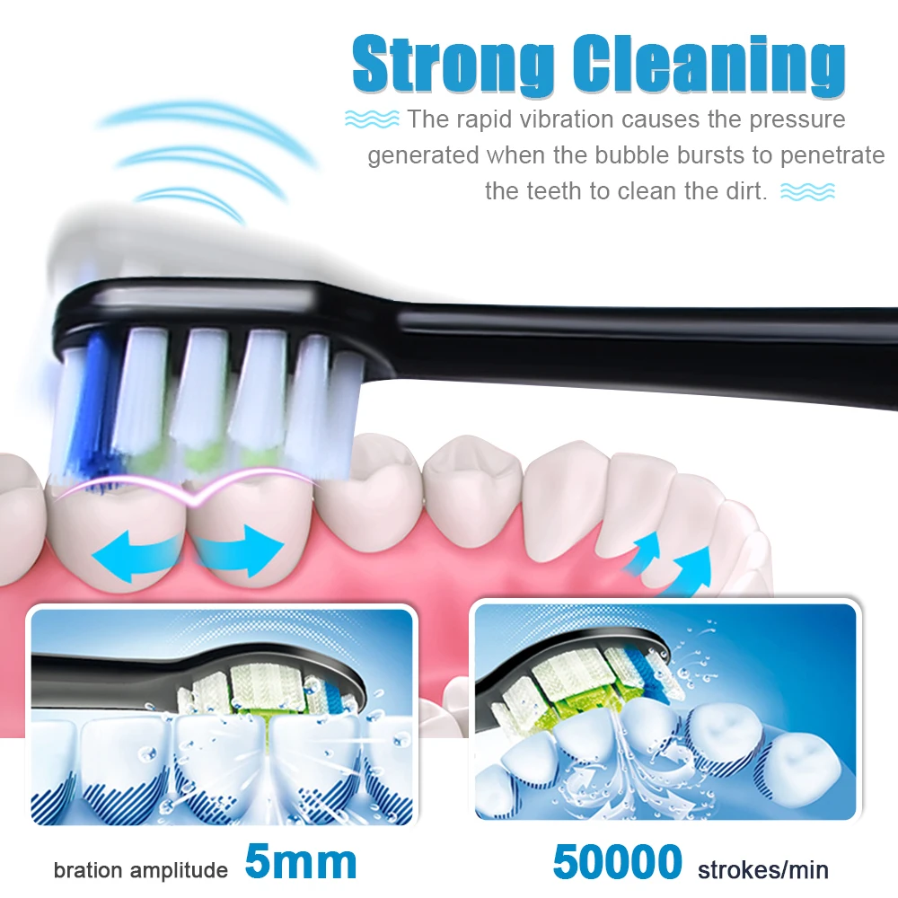  KOMERY New Electric Toothbrush Waterproof IPX7 5 Modes 3 Intensities 50000 Strokes/min 4 Pcs DuPont