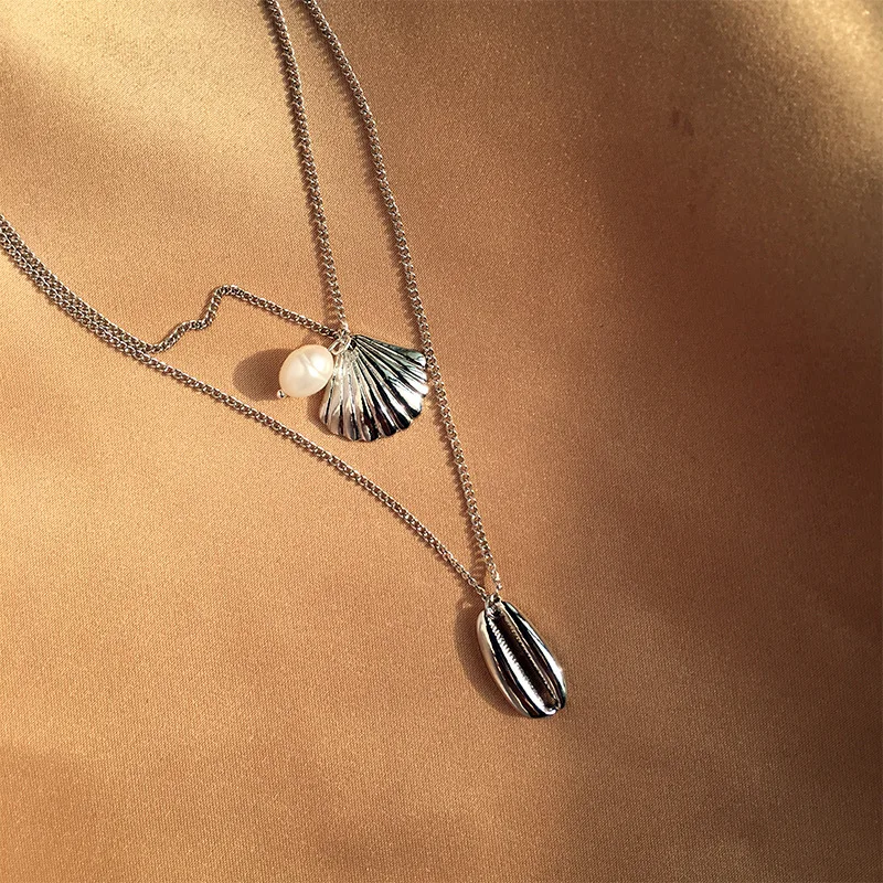 Винтажное пляжное ожерелье с подвеской из пресноводного жемчуга, женское золотое серебряное геометрическое металлическое колье-чокер