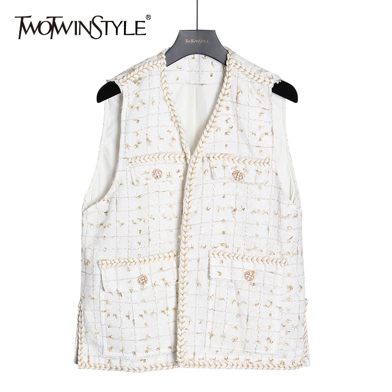 

TWOTWINSTYLE Summer Plaid Women's Vest V Neck Sleeveless Side Split Vintage Large Size Tanks Female 2019 Fashion Clothing New