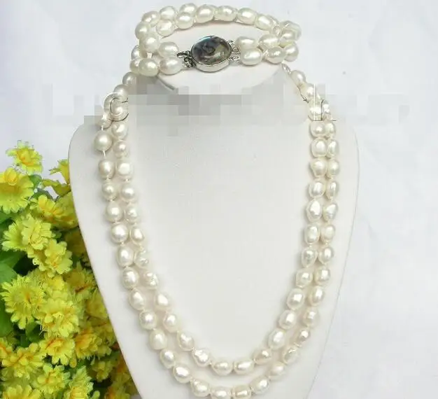 

FREE SHIPPING HOT sell new Style >>>>>Baroque 2row white pearls necklace Bracelet set j7528