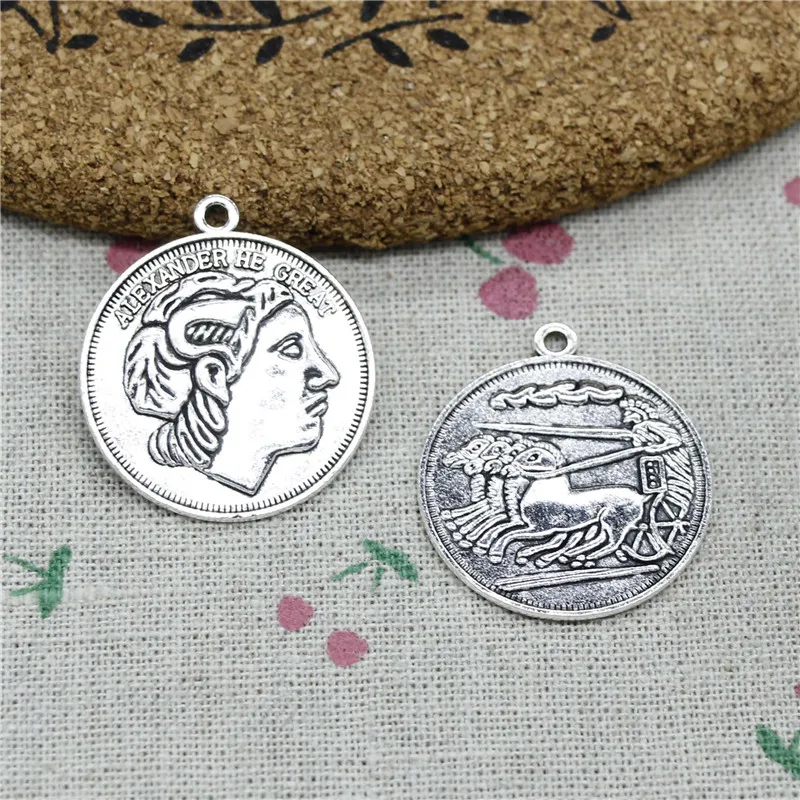 6pcs Charms Coin 28mm Antique Silver Vintage Pendants For Jewelry