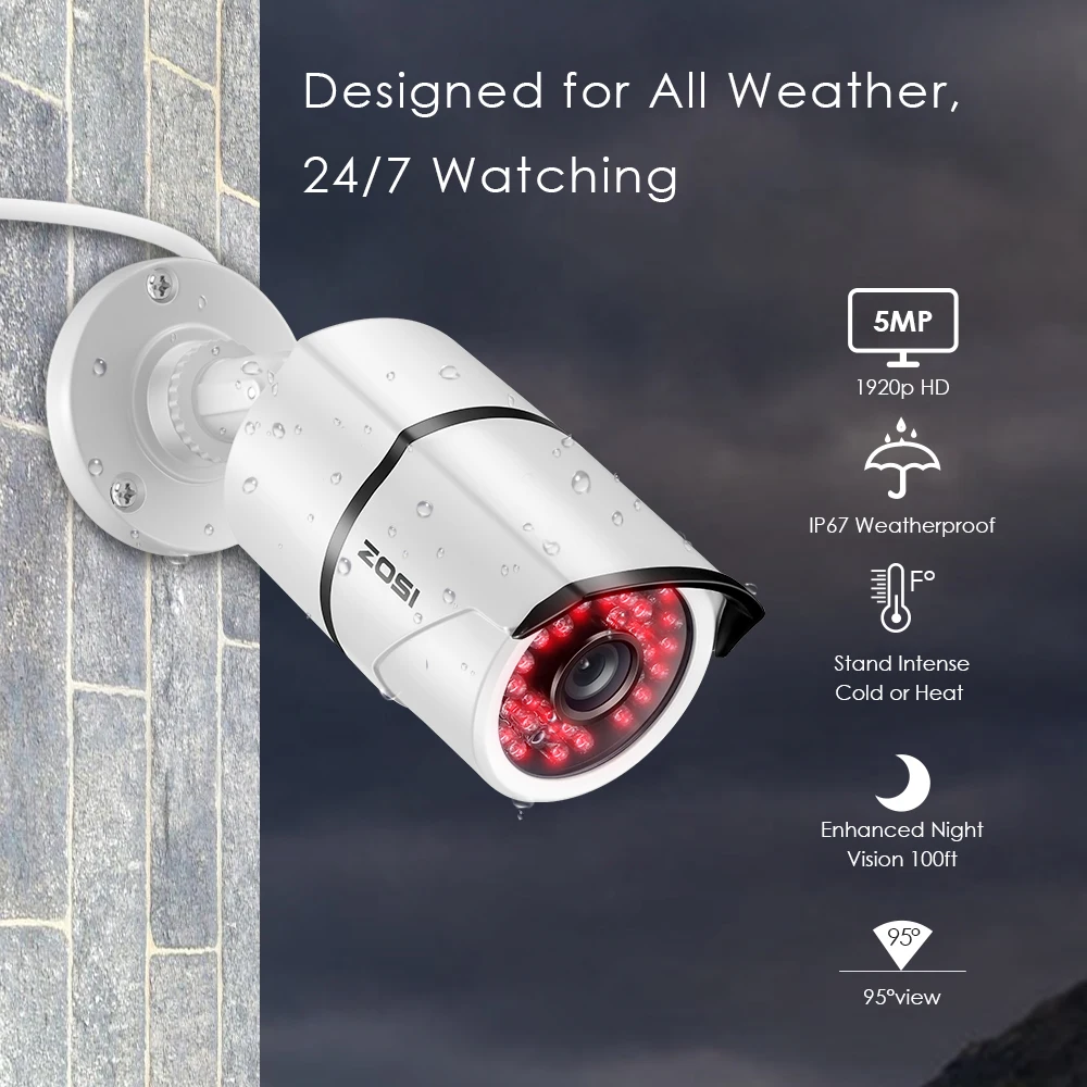 Ceny ZOSI 5MP Super HD zewnętrzna wewnętrzna kamera bezpieczeństwa 36 sztuk diod led, 100ft IR Night Vision, odporne na warunki atmosferyczne kamery monitoringu cctv kamera typu bullet