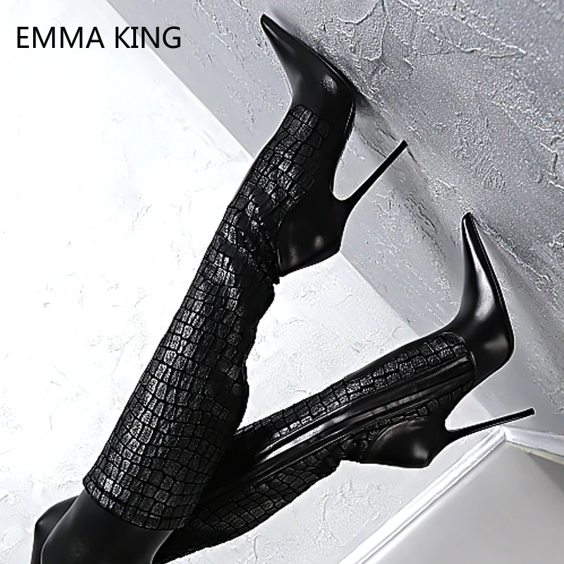 

Black Boots Women Snake Print Leather Pionted Toe Super Thin High Heels 12cm Knee High Boots For Ladies Martin Botas Mujer