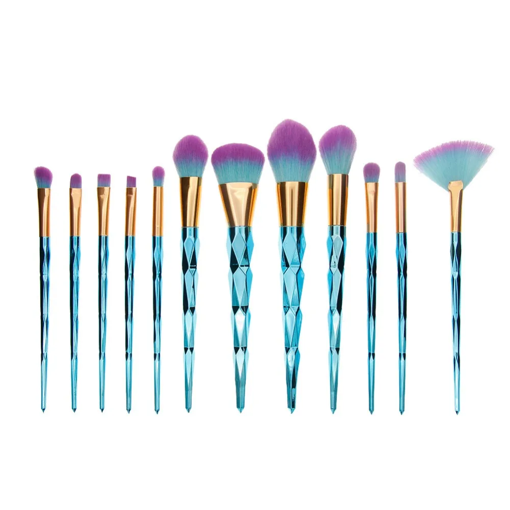 

12Pcs Beauty Diamond Blue Handle Facial Foundation Powder Blusher Eyeshadow Eyeliner Eyebrow Makeup Brushes Set Kit #248337