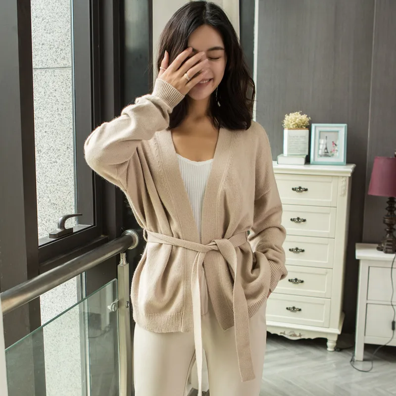 LHZSYY Autumn Winter New Women's Cashmere Cardigan Solid color Loose Quality Lacing Coat Fashion V-Neck Soft Wild Female Sweater