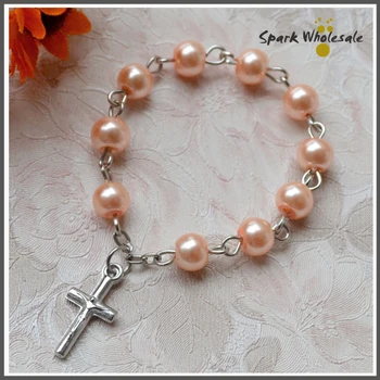 

100pcs/lot Catholic Baptism Gift Glass Pearl Finger Rosary Religious Mini Rosary Ring Children's Communion Favors Rosary Rings