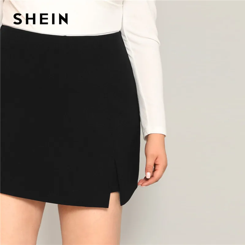 SHEIN, черные повседневные женские шорты с разрезом, плюс размер, юбки,, летние шорты со средней талией на молнии сзади