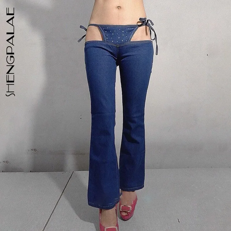 

SHENGPALAE 2019 Summer New Split Joint Sexy Bikini Design Jeans Skinny Denim Fashion Low Waist Spring Women Flare Pants FN426