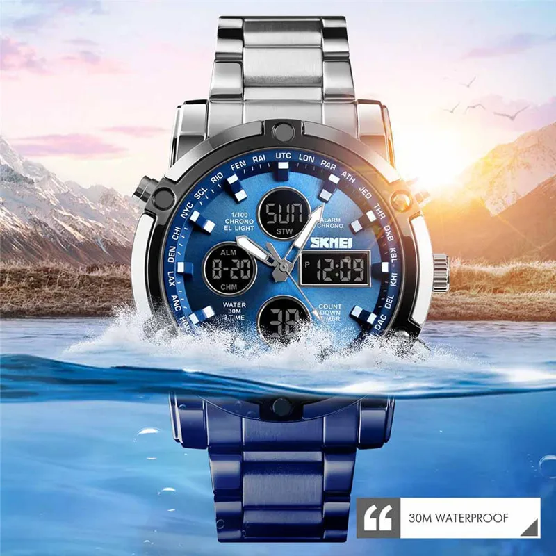 Многофункциональные защищенные часы с двойным дисплеем светящиеся спортивные электронные часы мужские красивый браслет часы с застежкой водонепроницаемые
