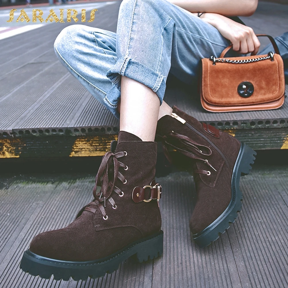 

SARAIRIS New Cow Suede Plus Size 34-40 Zip Up New Fashion Ankle Boot Woman Shoes Chunky Heels Party Boots Shoes Woman