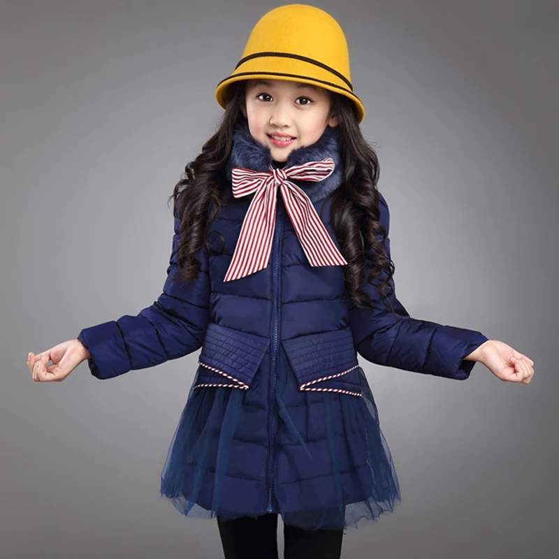 Зимние парки для девочек для детей от 4 до 13 лет, чистый цвет, в сеточку, в полоску, с бантом, корейский стиль, модный милый пуховик для девочек - Цвет: navy