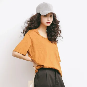 

summer t-shirt for women solid color loose cotton O-neck short sleeve t-shirts girls Casual blue and pink Tees Tops A631