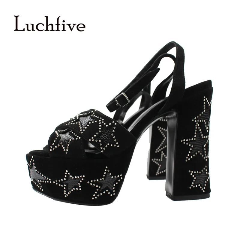 

New stars ankle buckle strap women sandals kid suede platform ladies shoes chunky heels fashion black open toe sandalias mujer