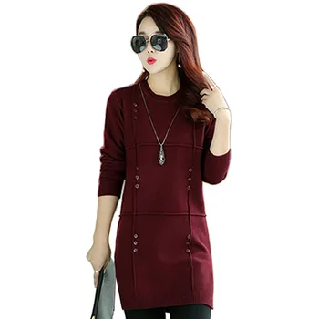 

Autumn Winter Solid Knitted Cotton Sweater Dresses Women Fashion Loose O-neck Pullover Female Knitted Sweater Vestidos Feminino