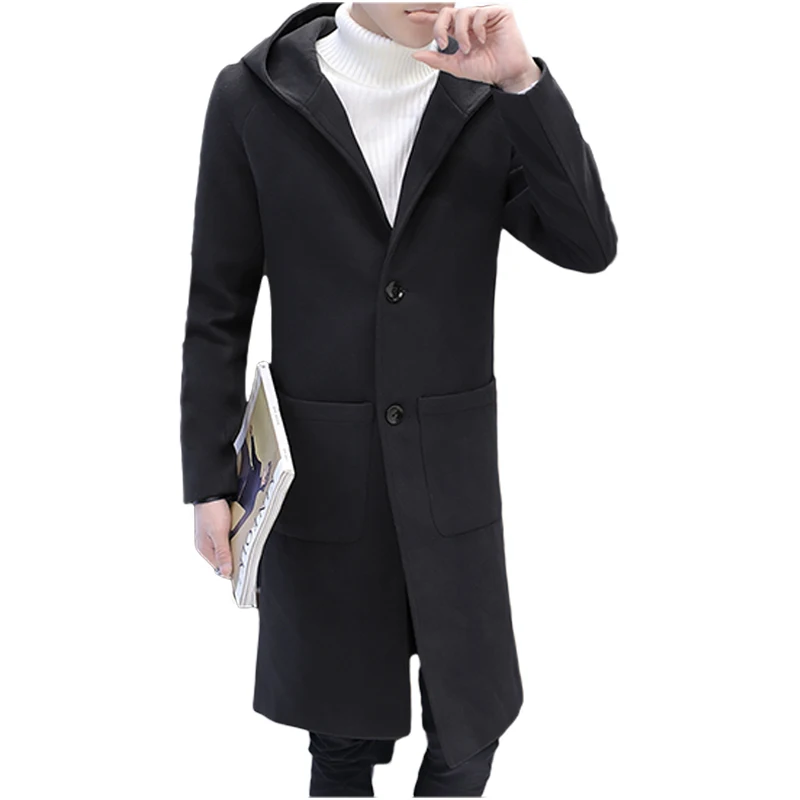 

Long section woolen coat autumn and winter men's hooded Slim windbreaker solid color simple wild pocket decorative wool coat