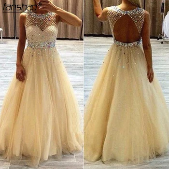 

Elegant Long Prom Dresess Cap Sleeve Floor Length Crystal Beading Evening Dresses Open Back Robe De Soiree