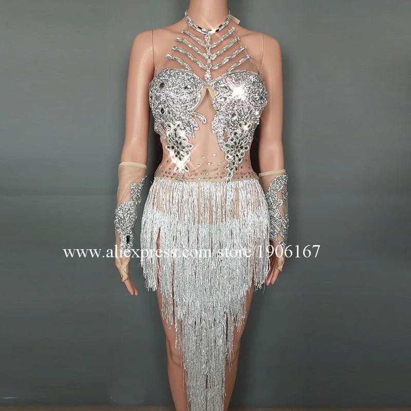 Sexy complexion hot drilling white tassel bar nightclub female singer dj dance team clothes03