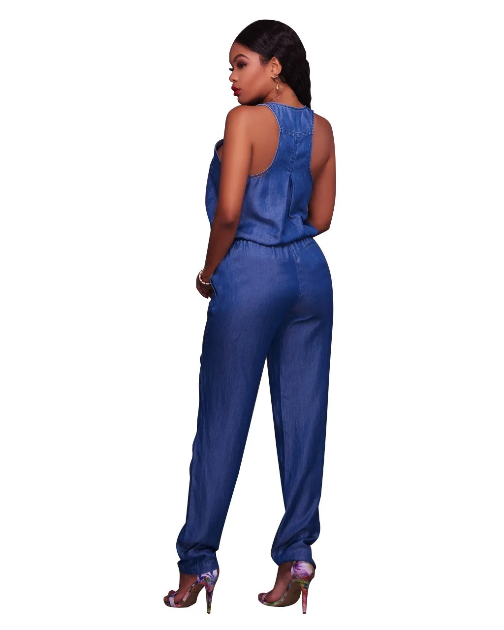 Fashion 2018 Women Casual Sleeveless Jeans Jumpsuit Solid O-Neck Denim Rompers Loose Zipper Sashes Playsuits