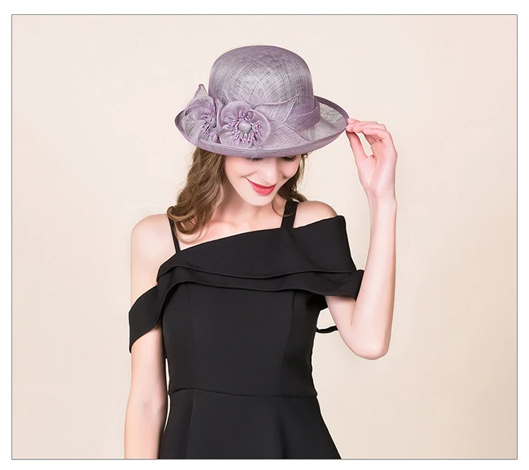 FS Винтаж цвет: черный, Синий Фиолетовый Женская шляпка Свадебный церковный Шапки с цветочным элегантная мягкая фетровая шляпа с широкими полями шапка для Для женщин Fascinators