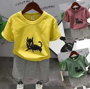 

2020 summer new boy set children's three-color wild cat T-shirt + plaid pants two-piece children's suit 2-6 years