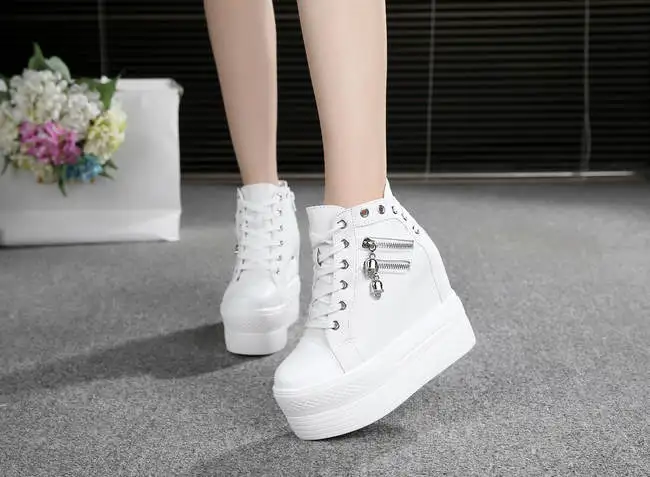 Fashion Autumn High Heel Casual Shoes Canvas Women Shoes Lace-Up Breathable Women Sneakers Zipper Platform Ladies Shoes Women