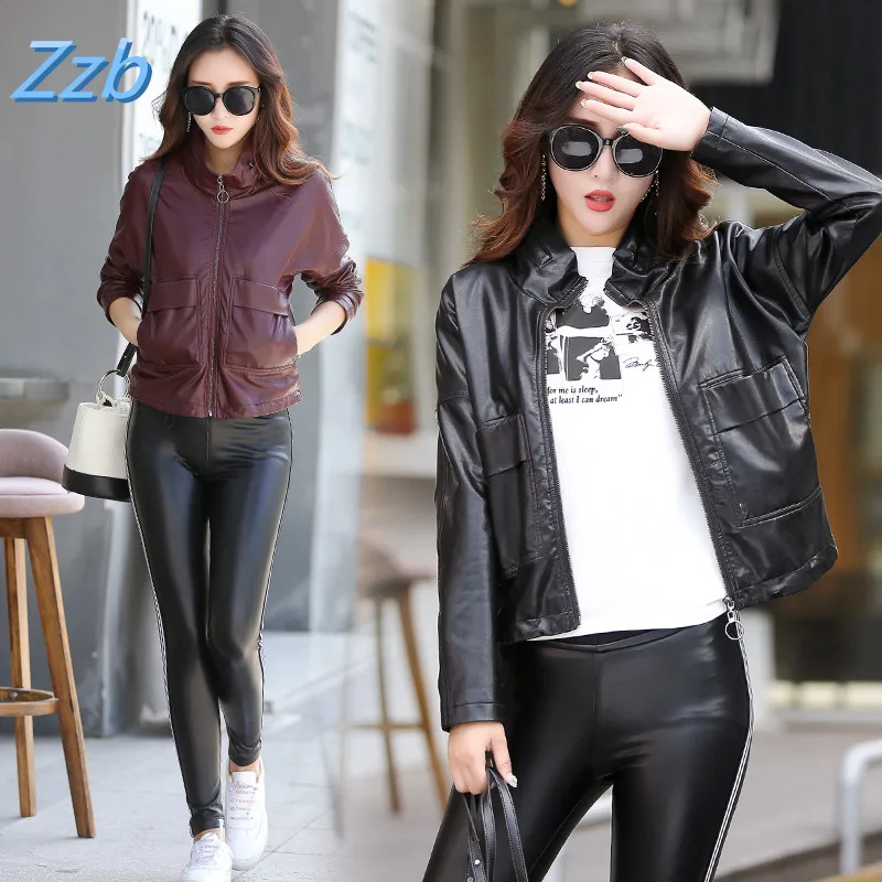 2017 New Autumn Fashion Street Women's Short Washed Leather Jacket Zipper Black Green Purple red Colors New Ladies Basic Jackets