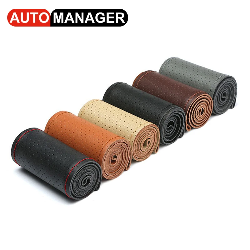

Genuine Leather Braid Car Steering Wheel Cover With Needles Thread Automobile Cowhide Braiding for 38 CM 15 Inch Steering Wheel