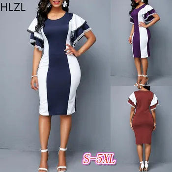 

2019 OL African Dress for Women Contrast Color Layered Ruffled Sleeves Pencil Dresses Formal Office Lady Dress Africa Workwear