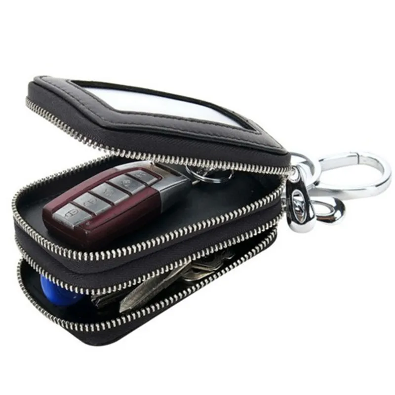 Universal Leather Car Key Holder Case Men Double Zipper Keys Chain