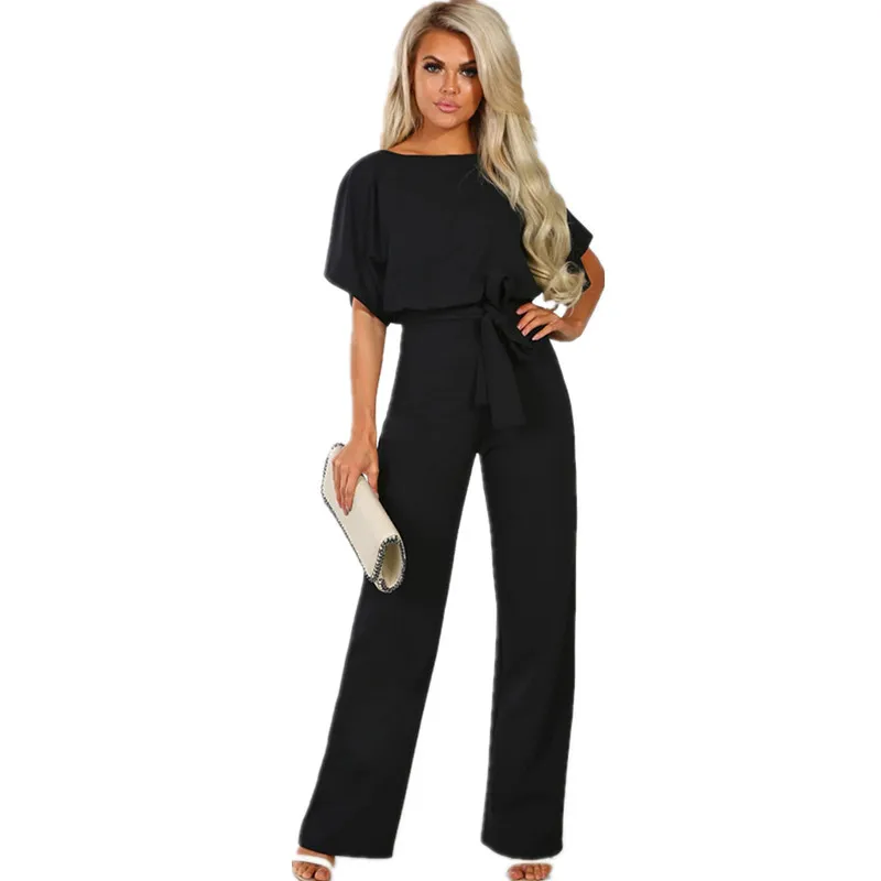 

2019 Fashion Black Party Elegant Wrap O Neck Short Sleeve Solid High Waist Maxi Jumpsuit Summer Rompers Women Casual Jumpsuit