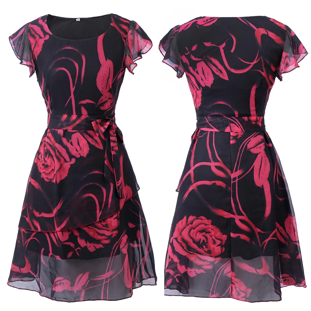 FEIBUSHI Summer Chiffon Dress Large Outer Space Casual Floral Print Women Dress Round Neck Printed Bowknot Chiffon Skater Dress FEIBUSHI Summer Chiffon Dress Large Outer Space Casual Floral Print Women Dress Round Neck Printed Bowknot Chiffon Skater Dress