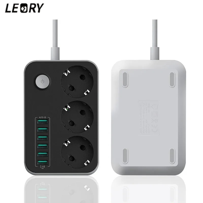 

LEORY Smart USB Power Strip Charging 6 USB Port 5V 3.4A Charger Adapters 3 AC Power Socket Outlets EU Plug Extension Socket
