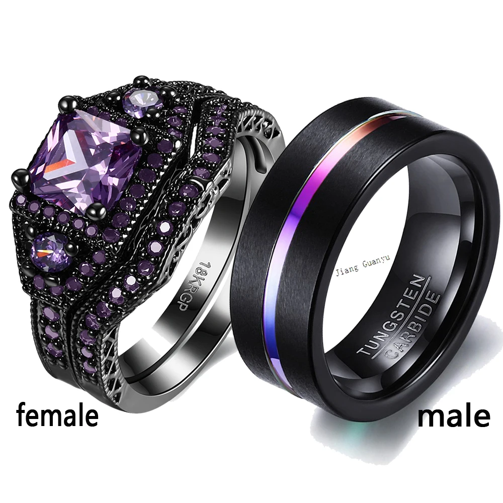 Loversring 2 Rings Couple Rings Princess cut Purple Cubic